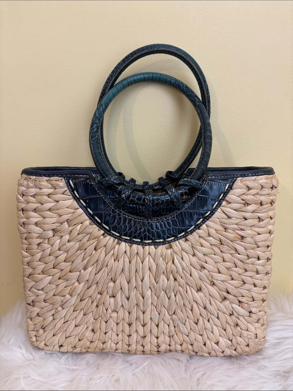 Brighton | Woven Straw Structured Dark Green Croc-Texture Top Handles Tote Bag - Picture 13 of 17
